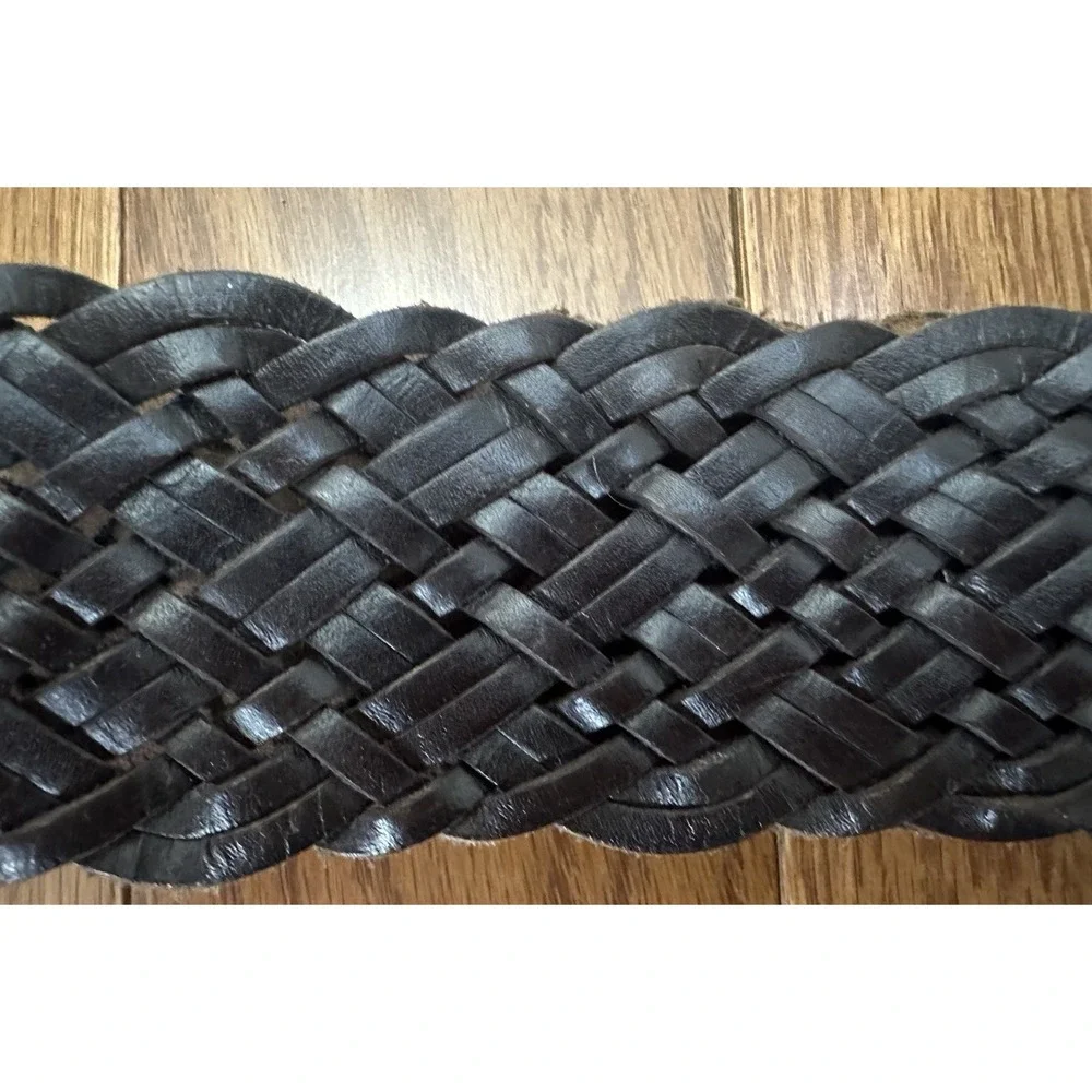 Vintage Genuine‎ Leather Braided Woven Belt Brown Wide Buckle Y2K Boho M/L